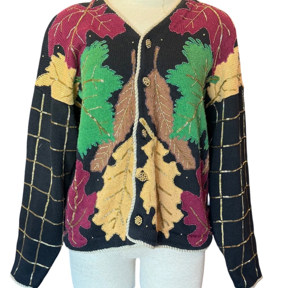 Belle Pointe VTG Autumn Leaf Cardigan Beaded Embellished Sweater Fall Colors‎ L